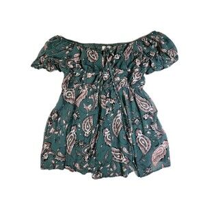 Blush BJ Womens 1XL Paisley Romper Green Pink Short Ballon Sleeve Tie V-Neck